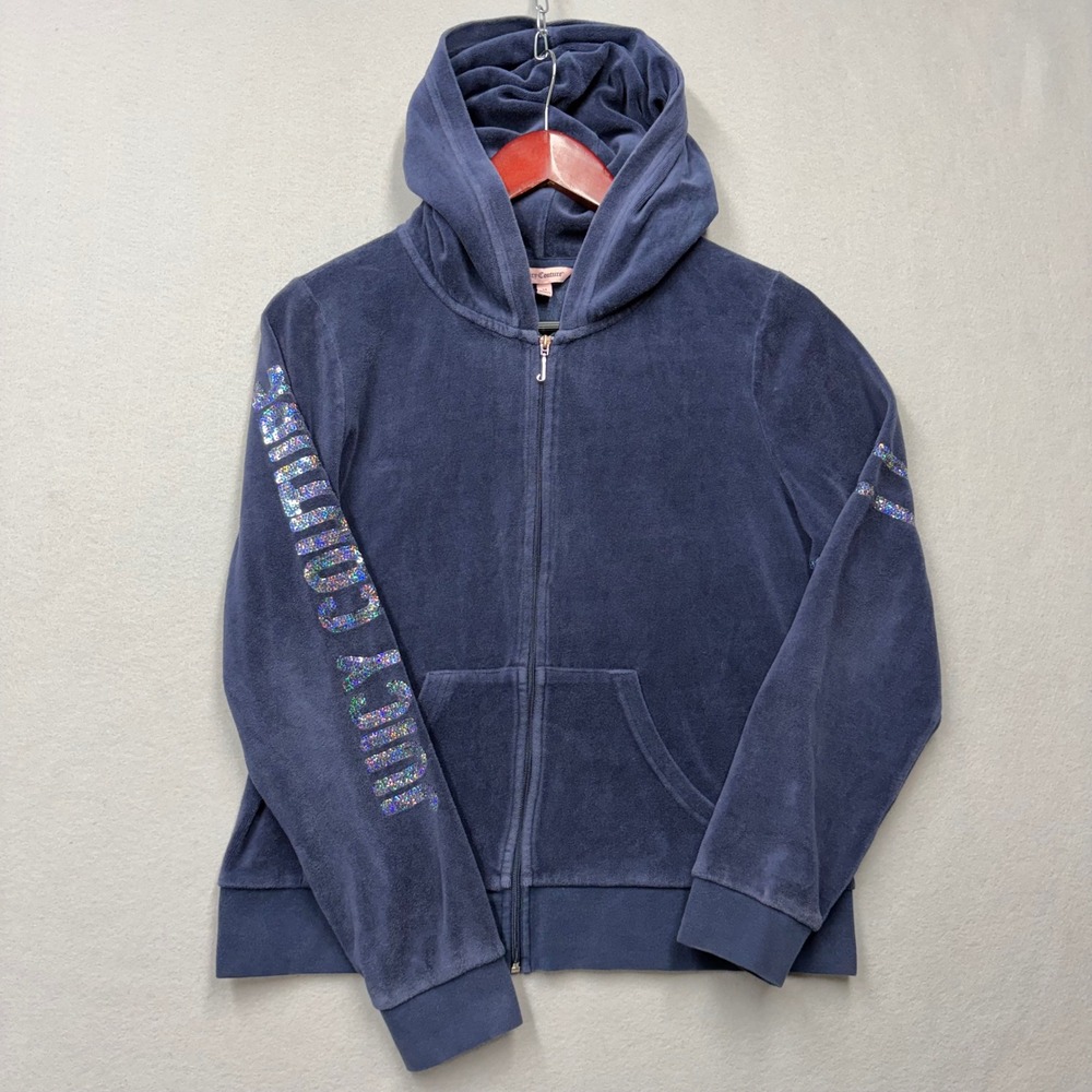 Juicy Couture Hoodie Womens M Navy Blue Velour Glitter Logo Y2K Zip Up Jacket